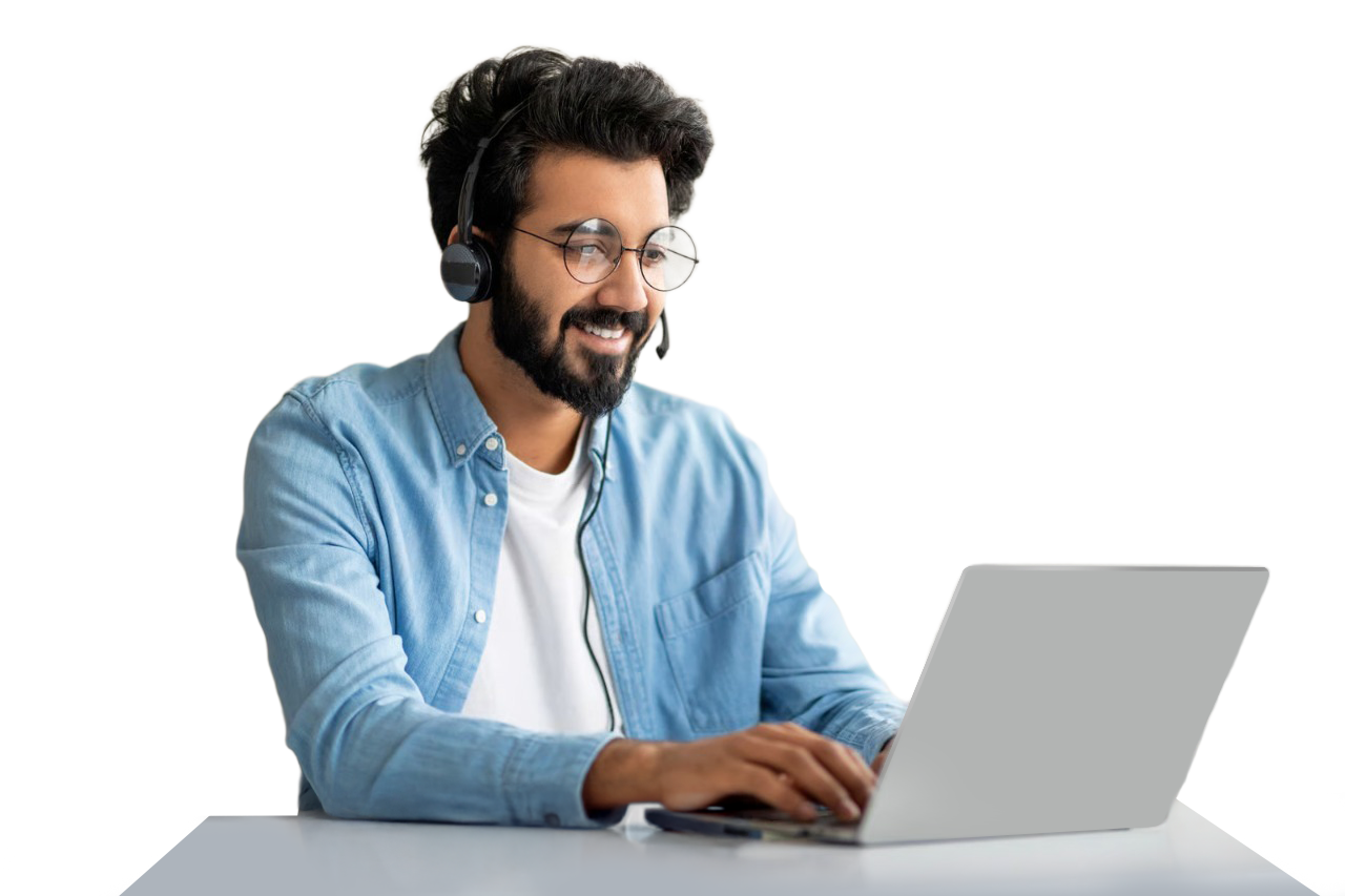 Support agent on a headset handling calls