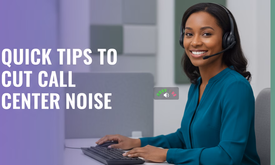 Call center agents wearing noise-cancelling headsets in an acoustically treated open office