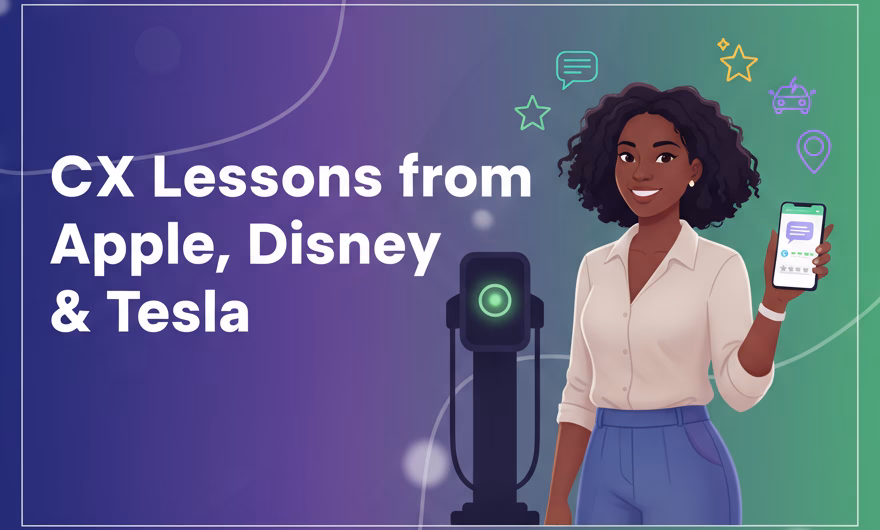 Collage of an Apple Store, Disney theme park, and Tesla showroom illustrating exceptional customer experience