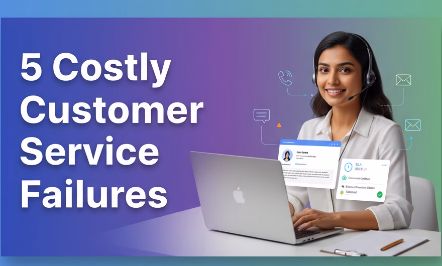 Customer support agent with headset helping a frustrated customer, illustrating long wait times and disconnected channels