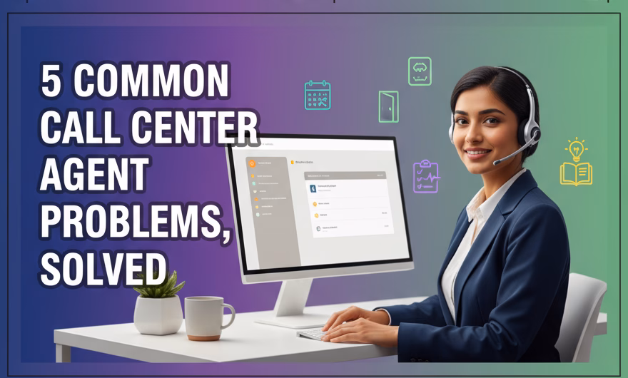 Call center agent wearing headset using laptop with knowledge base on screen, coaching notes visible