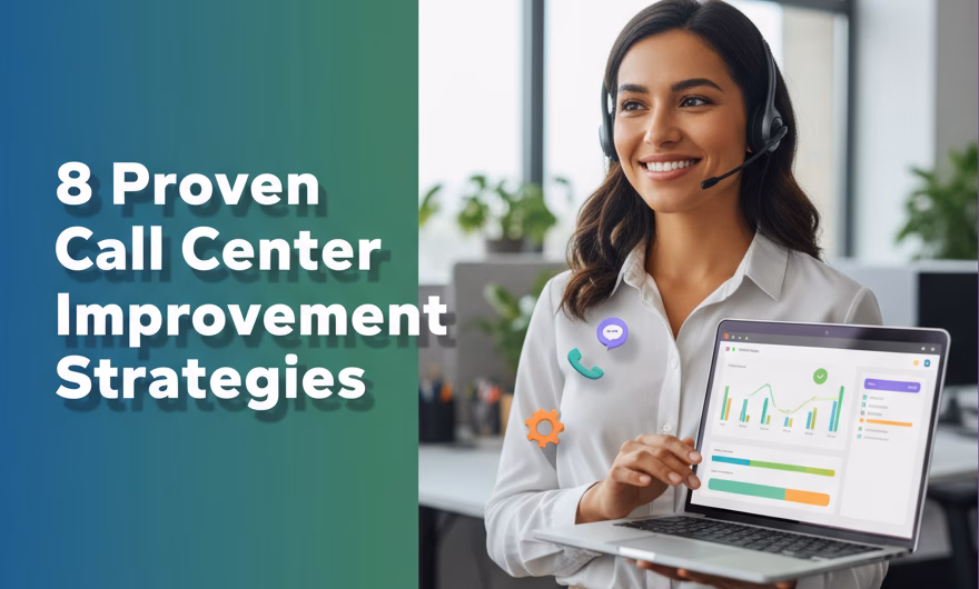 Call center agents collaborating with headsets and performance dashboards