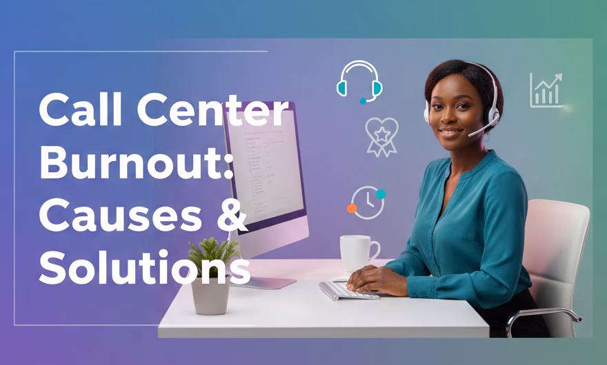 Stressed call center agent wearing a headset at a workstation, illustrating burnout