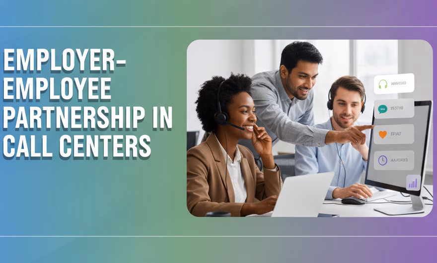 Call center agents in a team huddle showing a strong employee-employer relationship
