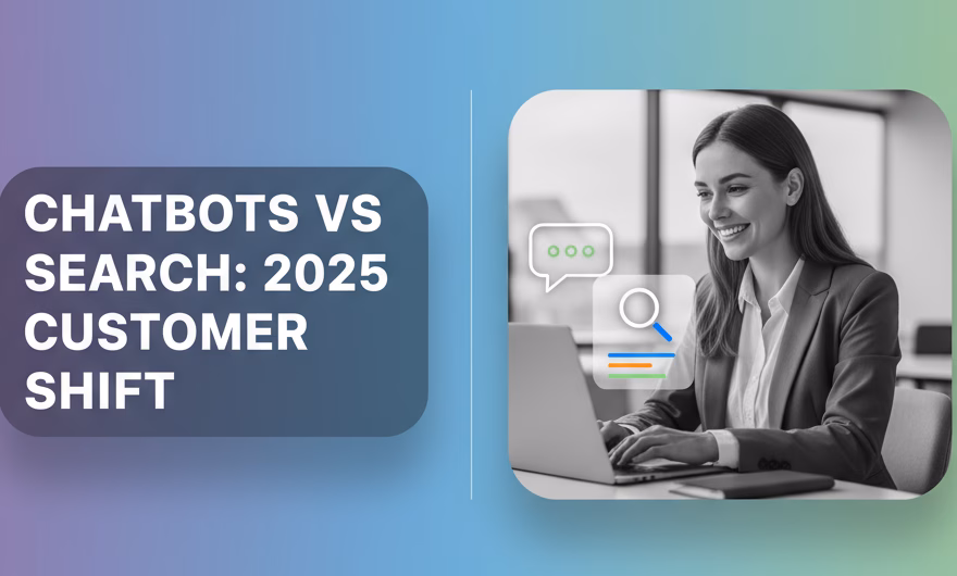 Illustration of a chatbot conversation on a smartphone beside a search engine results page, representing chat vs search interaction