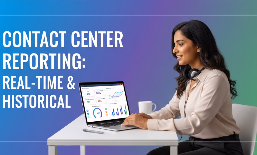Contact center dashboard displaying real-time metrics and historical analytics across agents, queues, and campaigns