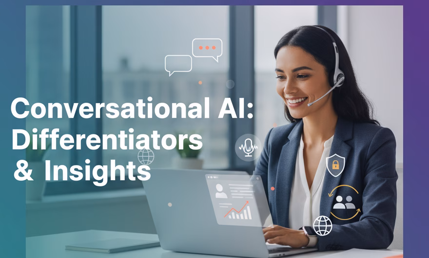 Illustration of conversational AI: human-like chatbot, voice assistant, contextual understanding, personalization, and analytics.