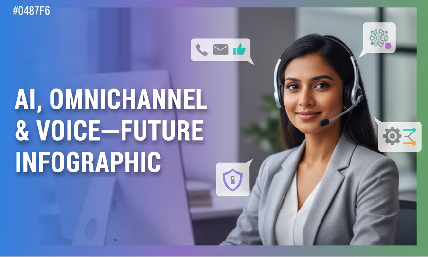 Infographic showing the future of contact centers with AI, omnichannel channels, agent assist, and customer journey visualization