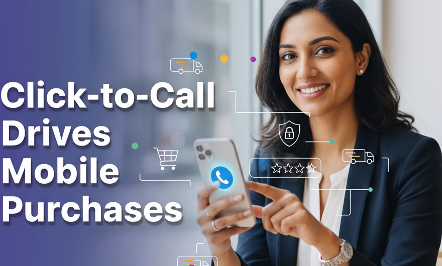 Smartphone showing an e‑commerce product page with a prominent click-to-call button and customer support agent on screen