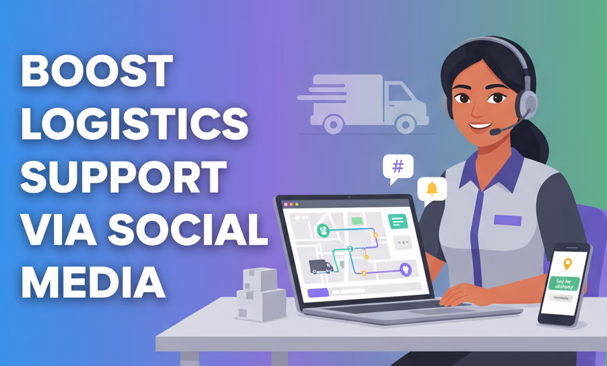 Customer service agents managing logistics social media support with tracking info and delivery parcels