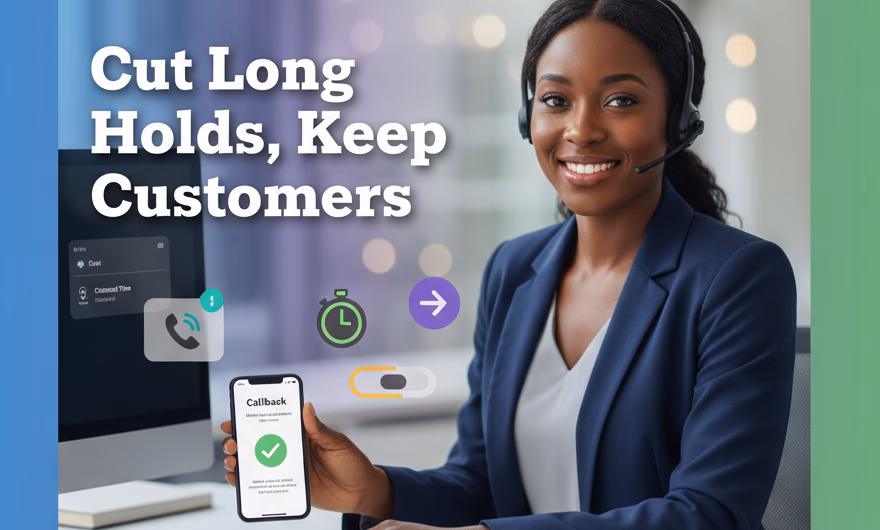 Frustrated customer on phone waiting on hold with headset and timer overlay