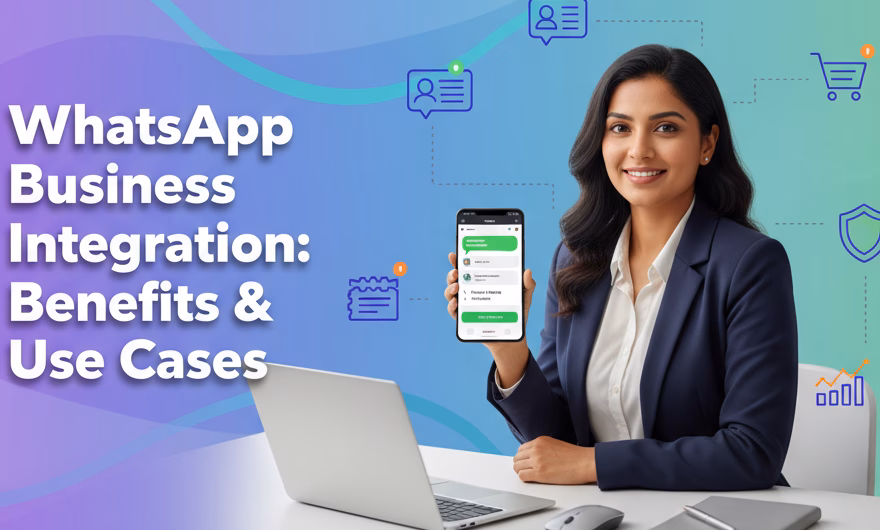 Laptop and smartphone showing WhatsApp Business integration with chat automation, CRM data and order updates