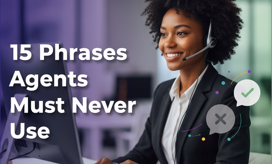 Call center agent wearing a headset on a call, representing bad call center phrases to avoid