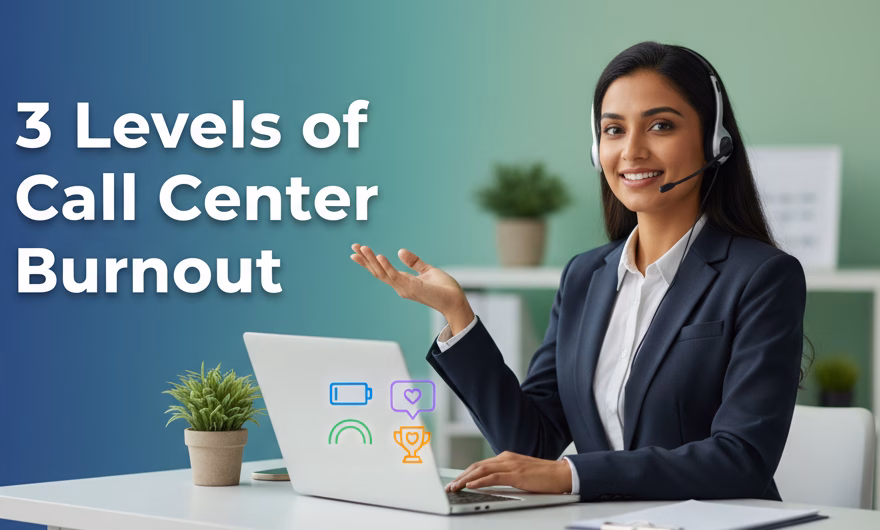 Call center agent wearing a headset looking stressed with a graphic overlay illustrating three burnout stages